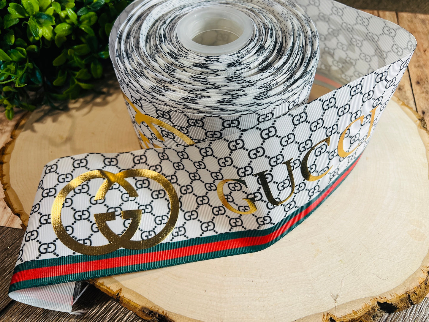 White GUCCI PRINTED 3 INCH ON GROSGRAIN RIBBON, POTTER RIBBON, CUT TO SIZE, VIEW STORE FOR MORE PATTERNS